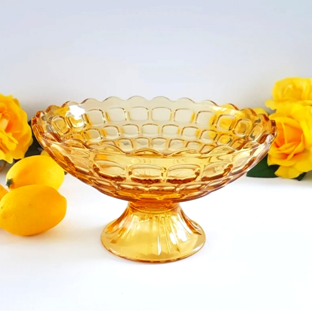 MCM Federal Glass Thumbprint Yorktown Gold Yellow Glass Pedestal Fruit Bowl